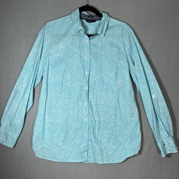 Tommy‎ Hilfiger Classic Fit Button Down Shirt Size Women's Large Blue Paisley - Picture 1 of 9